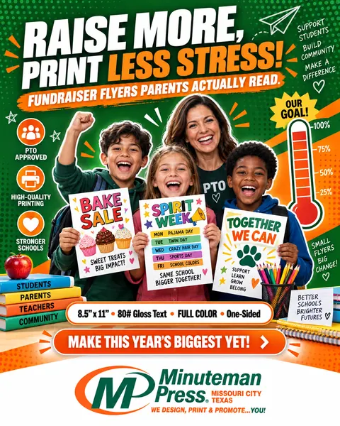 Minuteman Press ad: Raise more, print less stress