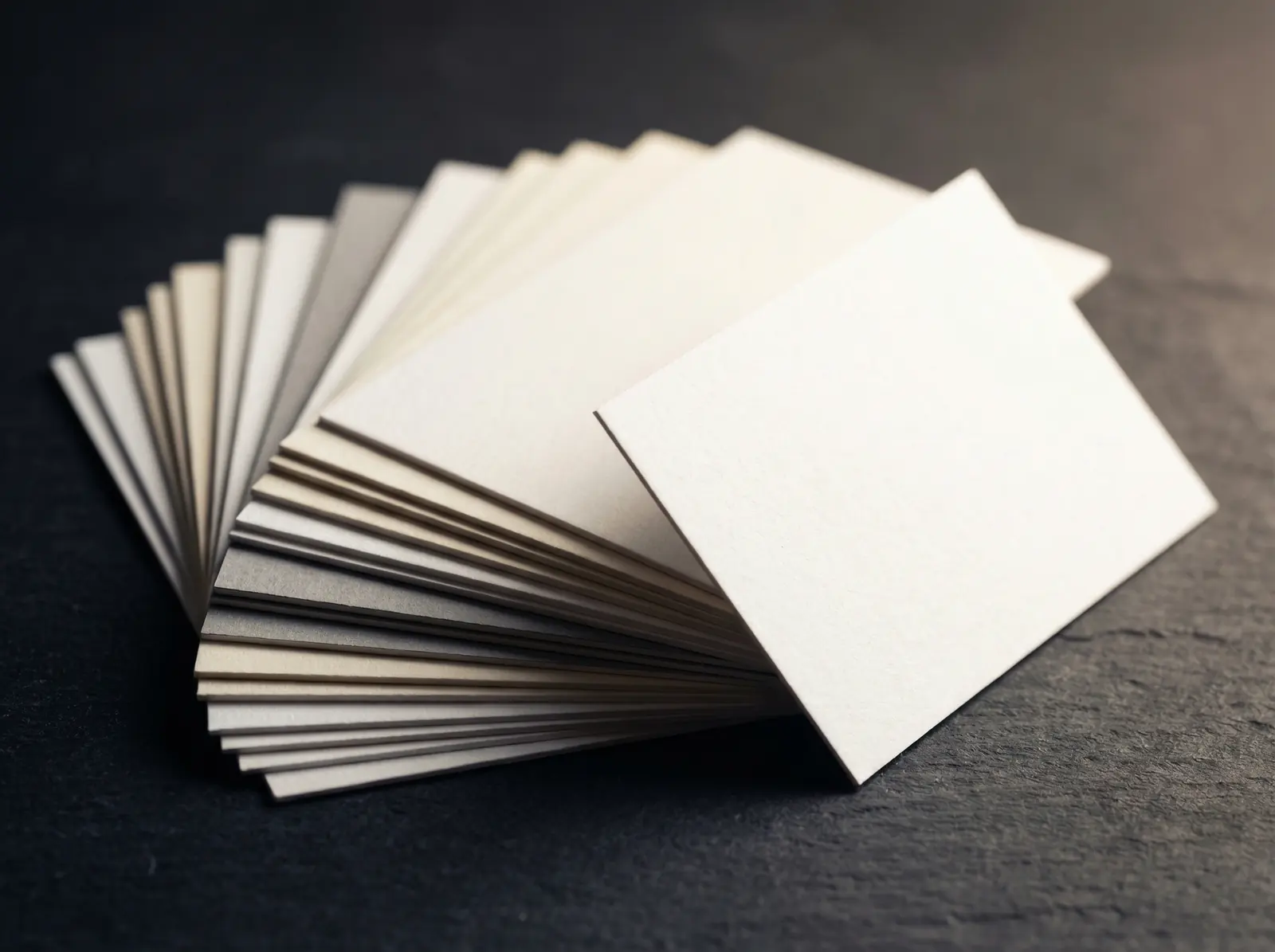 A fan of blank business cards on dark slate